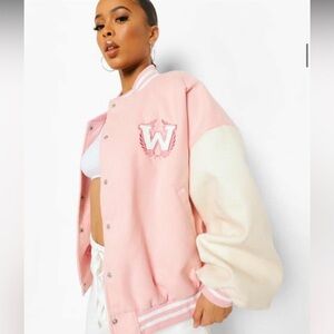 Boohoo Pink and White Varsity Jacket